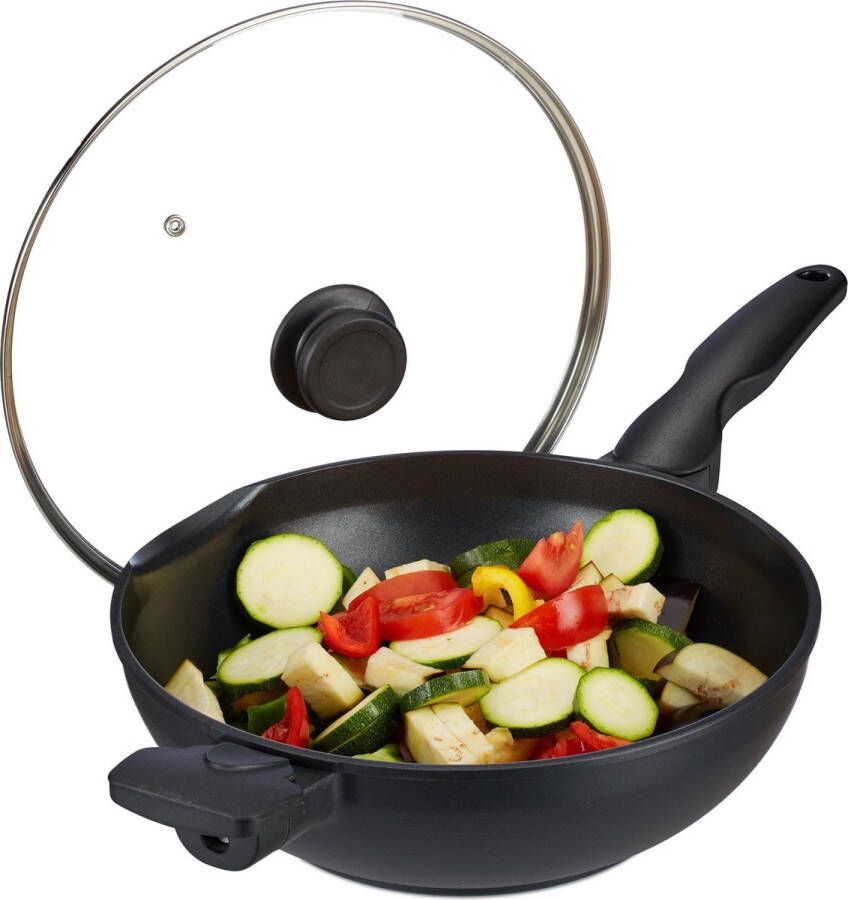 Relaxdays wokpan inductie wok met deksel wajan met grepen aluminium wadjan zwart