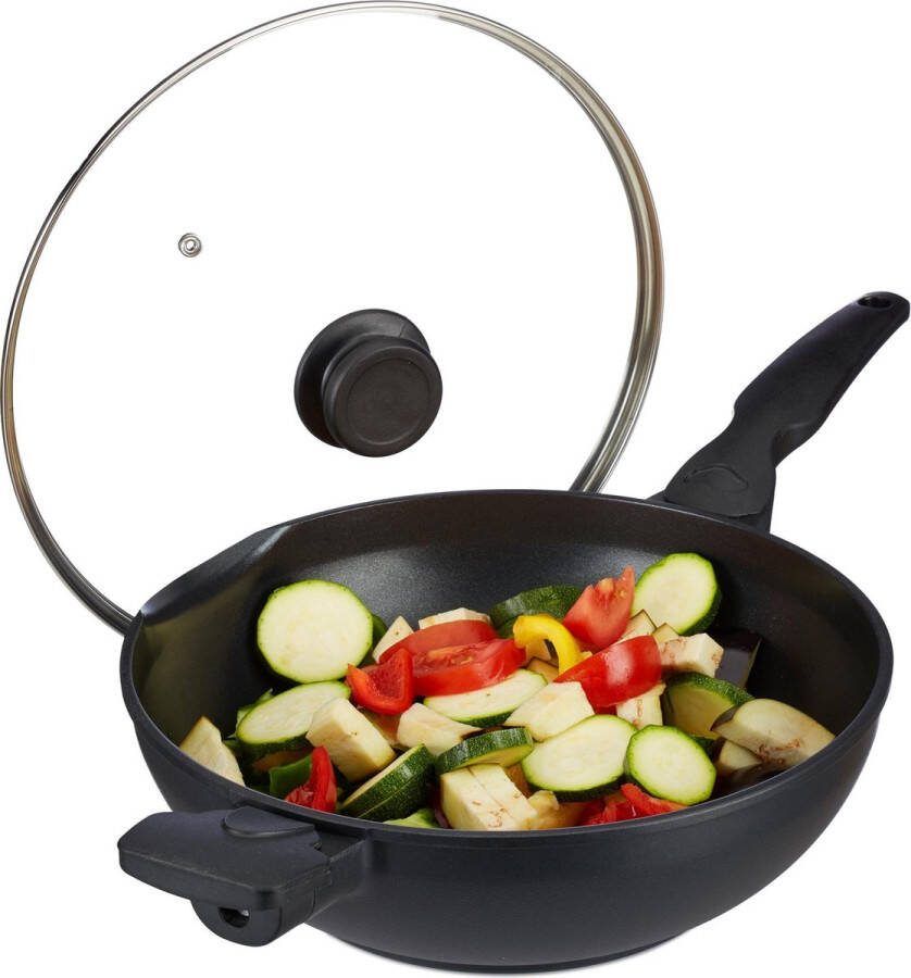 Relaxdays wokpan met deksel 30 cm wok antiaanbaklaag 4 liter steelwok met handgreep