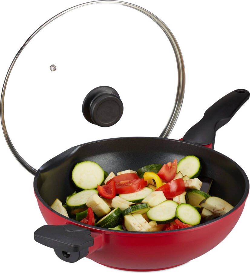 Relaxdays Wokpan met deksel rode wok aluminium anti aanbaklaag 30 cm braadpan