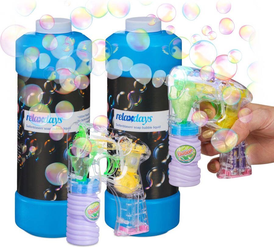 Relaxdays XL bellenblaas set bellenblaaspistool met led 2 liter bellenblaasvloeistof