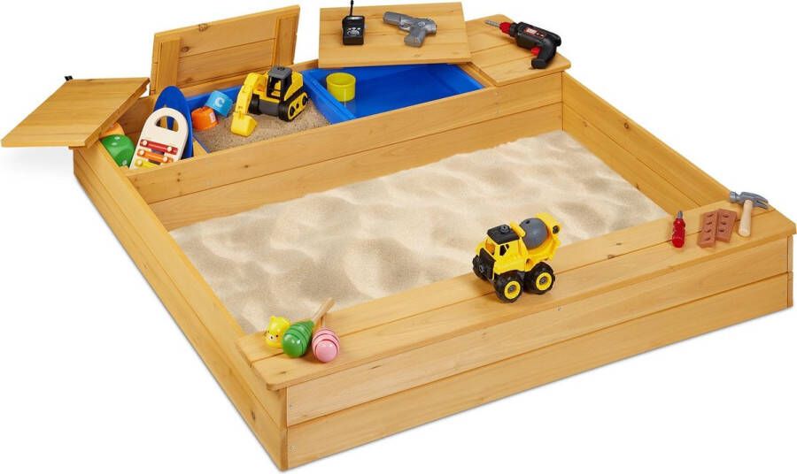 Relaxdays Zandbak hout zandkist met bankjes modderbak sandbox 125 x 120 cm