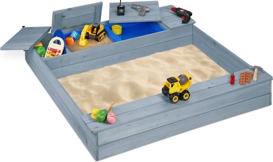 Relaxdays zandbak met modderkeuken houten kinderzandbak met bankje buiten rechthoek