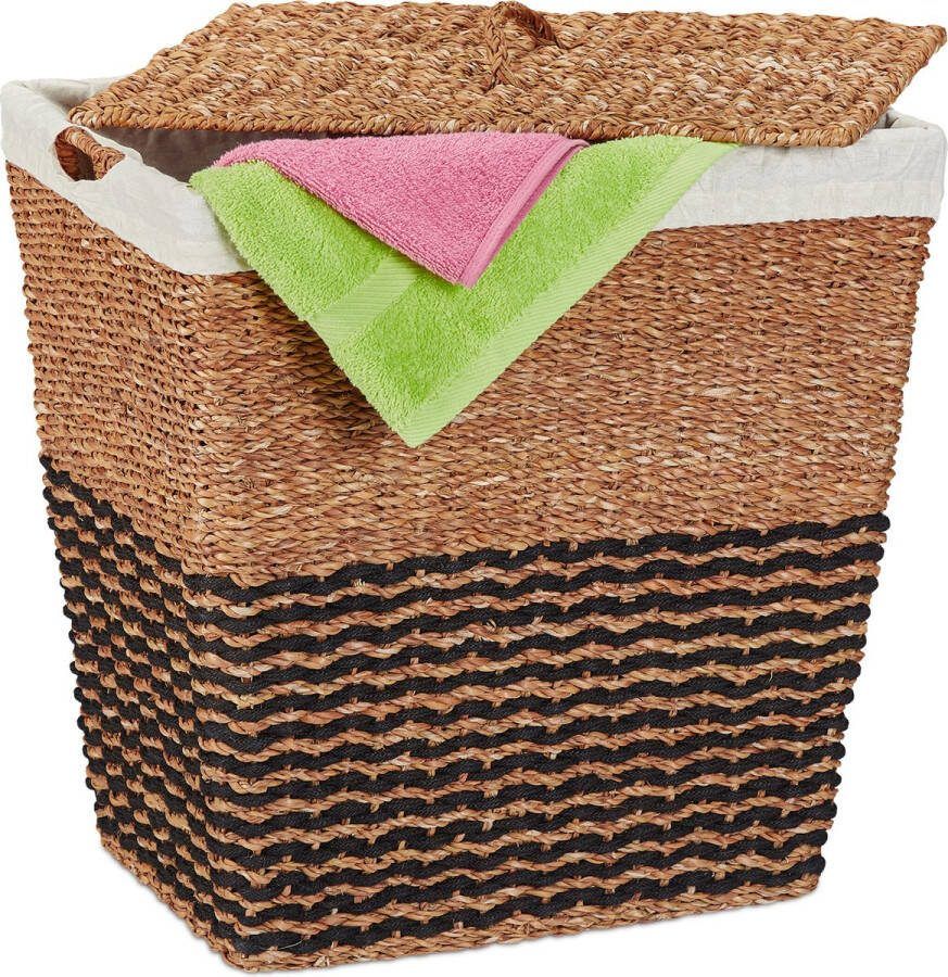 Relaxdays zeegras wasmand met deksel wasbox 87 L katoenen waszak handvatten staand