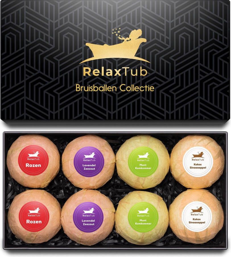 RelaxTub Bruisballen Set van Bevat Natuurlijke Kokosboter en Arganolie 8 x 80g XL Formaat Bruisballen voor Bad Dierproefvrij Bruisballen voor Kinderen Voor Ontspanning & Zachte Huid Geschenkset Inclusief Luxe Cadeauverpakking