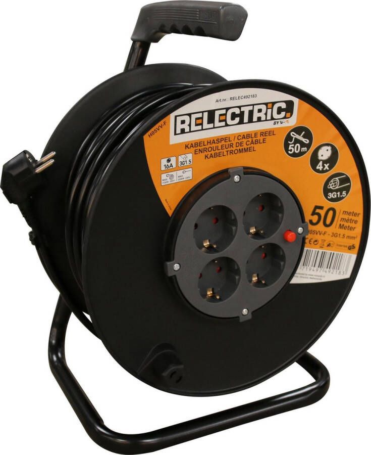 Relectric Kabelhaspel – 50m – 4 stopcontacten – Met oprolknop Randaarde RELEC492183