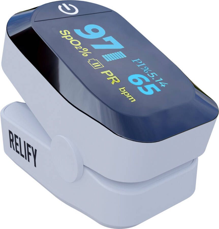 Relify Saturatiemeter zuurstofmeter vinger Bloeddrukmeter Oximeter Hart Bloed & Zuurstofmeter Medische kwalificatie Incl. Batterijen & Koord Wit