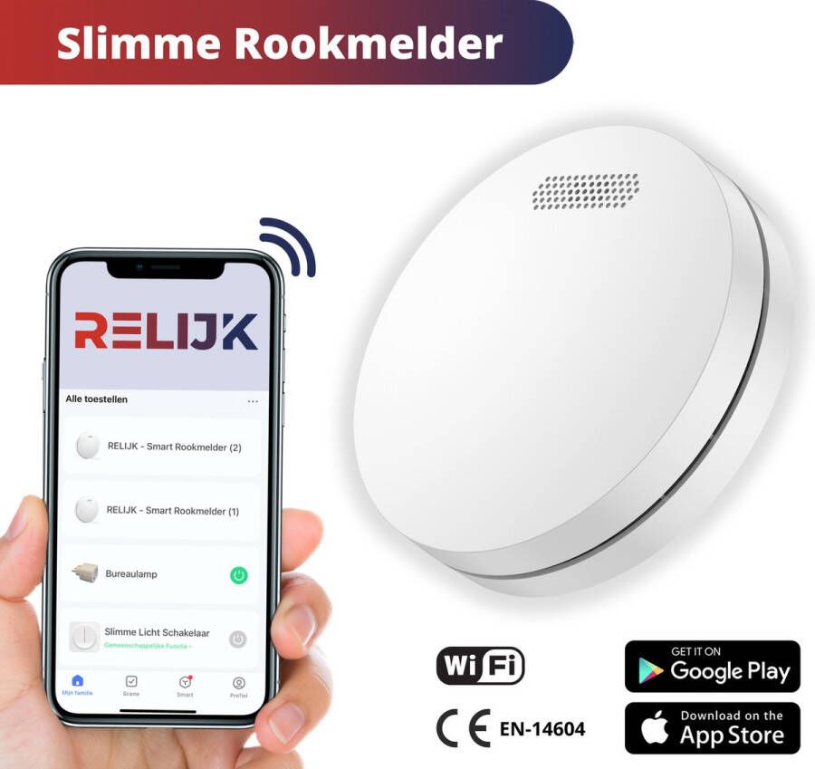 RELIJK Slimme Rookmelder met WiFi Melding op telefoon 10 jaar batterij Smart Home Tuya smart & Smart life app IOS & Android Voldoet aan Europese Norm EN14604
