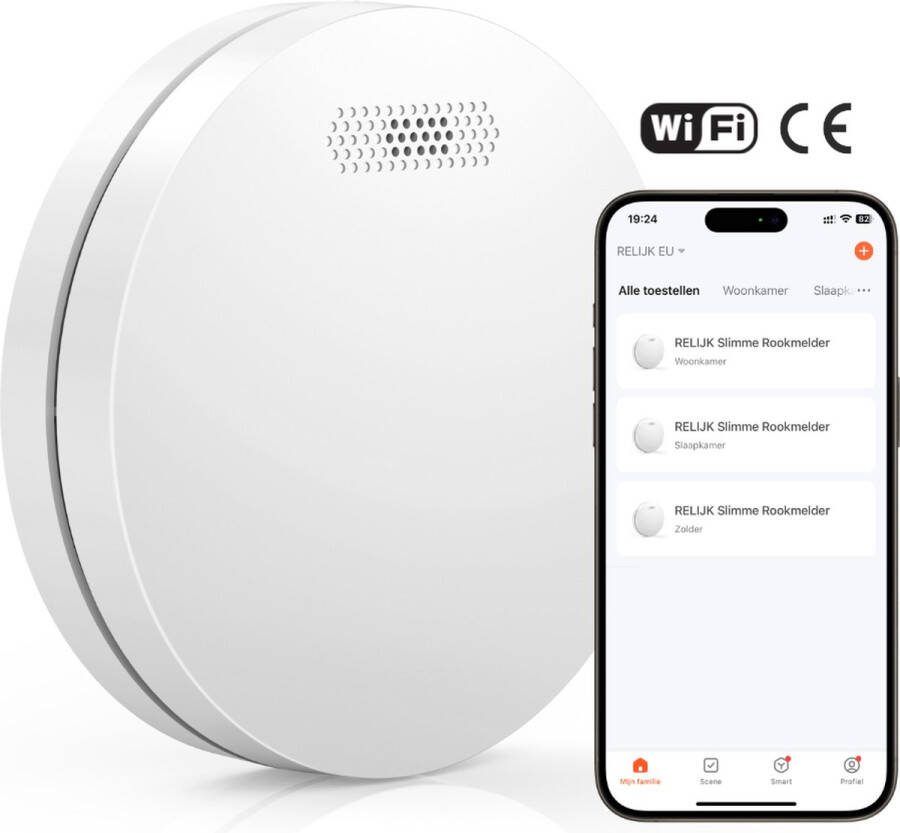 RELIJK Slimme Rookmelder met WiFi Melding op telefoon 10 jaar batterij Smart Home Tuya smart & Smart life app IOS & Android Voldoet aan Europese Norm EN14604