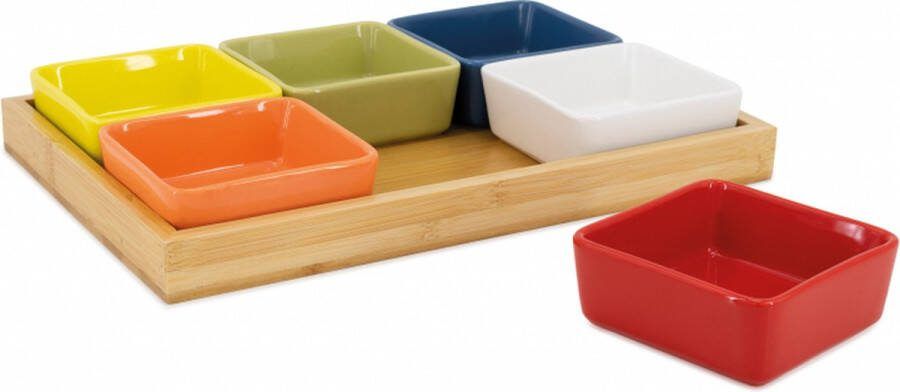 REMEMBER Schalenset met Houten Dienblad Set van 7 Stuks