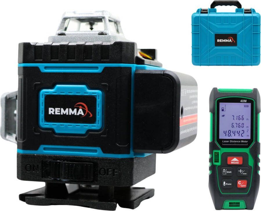 Remma 4D Kruislijnlaser Inclusief Digitale Afstandsmeter Inclusief Draagkoffer Lijnlaser Bouwlaser met 4 tot 16 lijnen Zelf Nivellerend 360 Graden Rotatie Groen Laser waterpas Inclusief 2 accu s model 4D16F