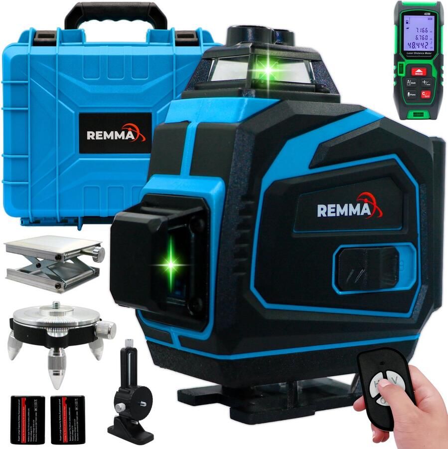 Remma 4D Kruislijnlaser Inclusief Digitale Afstandsmeter Inclusief Draagkoffer Lijnlaser Bouwlaser met 4 tot 16 lijnen Zelf Nivellerend 360 Graden Rotatie Groen Laser waterpas Inclusief 2 accu s model 4D16T3