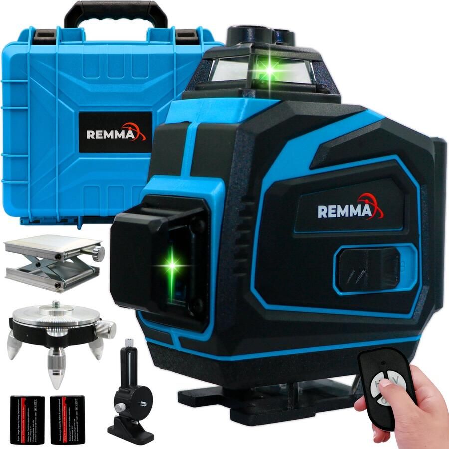 Remma 4D Kruislijnlaser Inclusief Draagkoffer Lijnlaser Bouwlaser met 4 tot 16 lijnen Zelf Nivellerend 360 Graden Rotatie Groen Laser waterpas Inclusief 2 accu s model 4D16T3