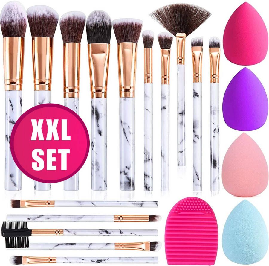 RENALUX Luxe Make Up Kwasten Set 20 Delig + Beauty Blender Set Limited Edition Marmeren Uitvoering Inclusief Kwasten Reiniger Make Up Spons Set XXL Set 20-Delig