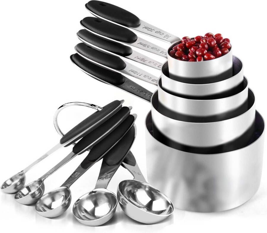 Repus Set van 10-delig RVS Maatlepels Maatbekers Measuring Cups & Spoons Duurzaam Keukengerei Zwart