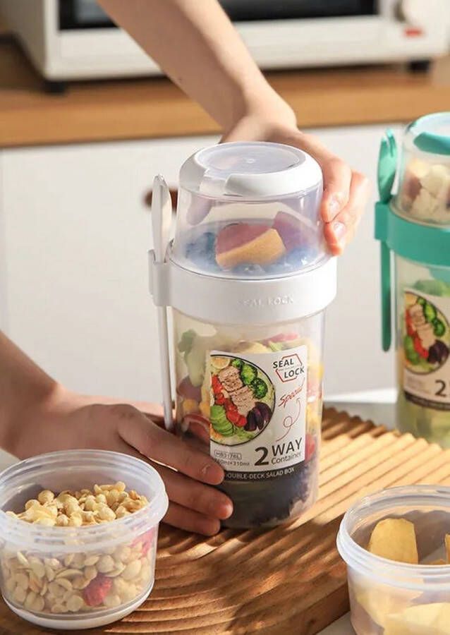 Repus Yoghurt beker met muesli houder to go Salade Shaker Fruit Container met Spork en Dressingcup 310ml+610ml Wit