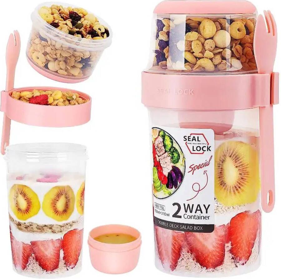 Repus Yoghurt beker met muesli houder to go Salade Shaker Fruit Container met Spork en Dressingcup 310ml+610ml Roze