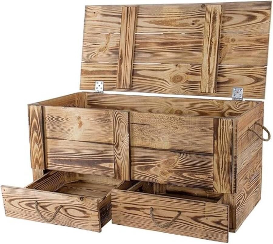 Reseau goods Dekenkist – Opbergkist Binnen – Zitbank Met Opbergsysteem – Houten Kist Met Deksel – Speelgoedkist Voor Kinderen – Voor Slaapkamer & Woonkamer – Met Lade's Bruin