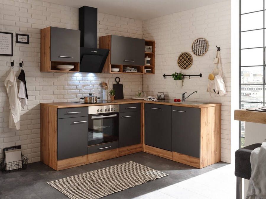 Respekta® Hoekkeuken 220 cm complete keuken met apparatuur Grijs Houten keuken Hilde keramische kookplaat vaatwasser afzuigkap oven spoelbak