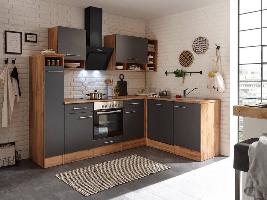 Respekta® Hoekkeuken 250 cm complete keuken met apparatuur Grijs Houten keuken Hilde keramische kookplaat vaatwasser afzuigkap oven spoelbak