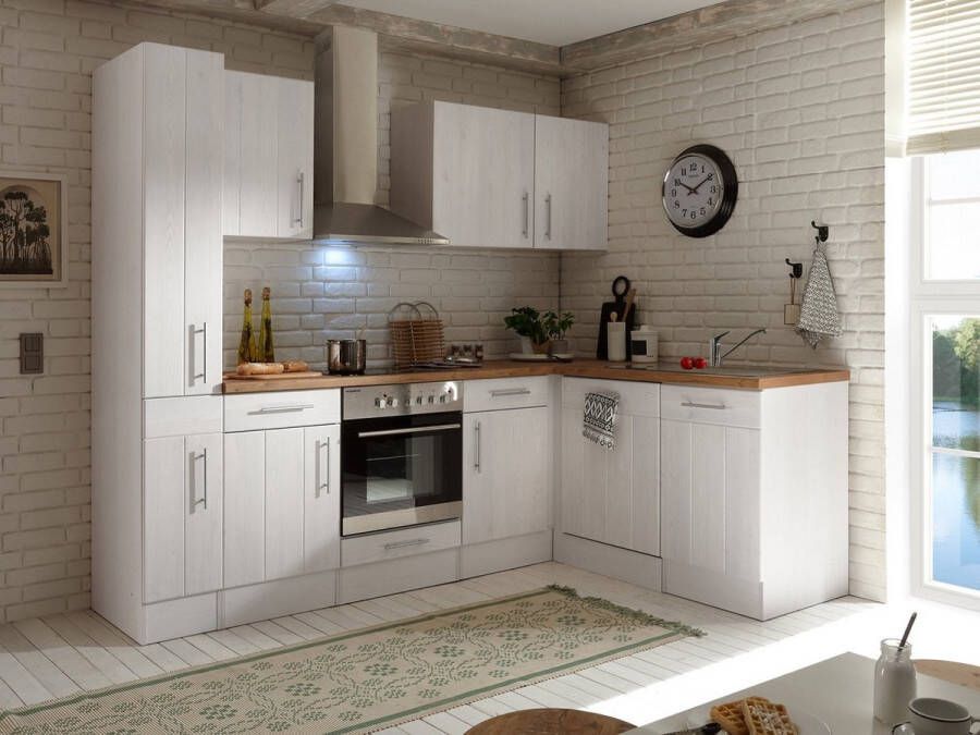 Respekta® Hoekkeuken 250 cm complete keuken met apparatuur soft close Wit Landelijke keuken Anton keramische kookplaat vaatwasser afzuigkap oven spoelbak