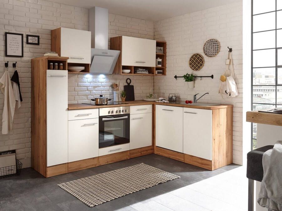 Respekta® Hoekkeuken 250 cm complete keuken met apparatuur Wit Houten keuken Hilde keramische kookplaat vaatwasser afzuigkap oven spoelbak
