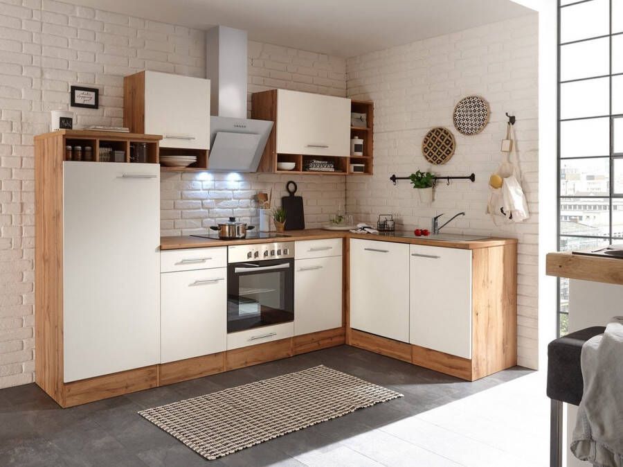 Respekta® Hoekkeuken 280 cm complete keuken met apparatuur Wit Houten keuken Hilde keramische kookplaat vaatwasser afzuigkap oven spoelbak
