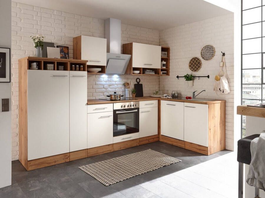 Respekta® Hoekkeuken 310 cm complete keuken met apparatuur Wit Houten keuken Hilde keramische kookplaat vaatwasser afzuigkap oven spoelbak