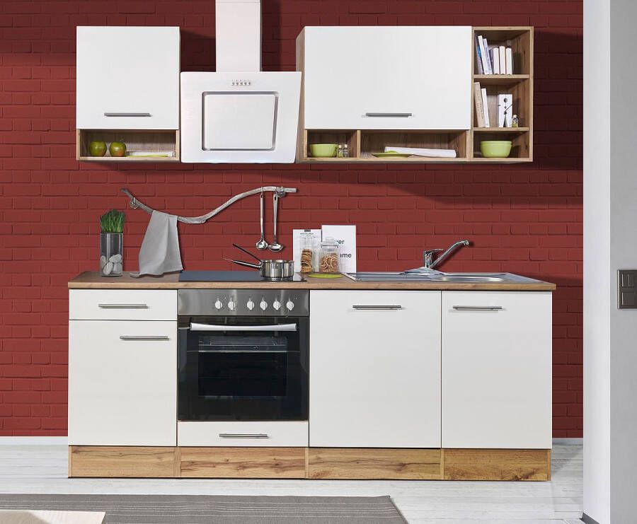 Respekta® Keukenblok 220 cm complete keuken met apparatuur Wit Houten keuken Hilde keramische kookplaat vaatwasser afzuigkap oven spoelbak