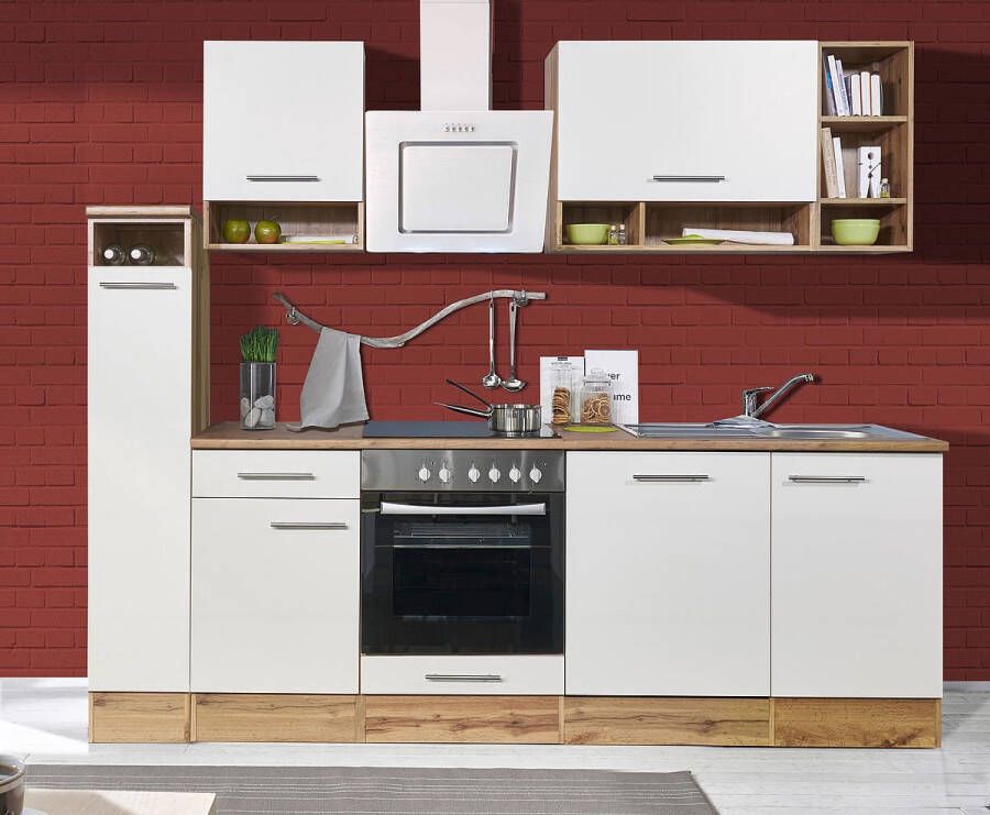 Respekta® Keukenblok 250 cm complete keuken met apparatuur Wit Houten keuken Hilde keramische kookplaat vaatwasser afzuigkap oven spoelbak