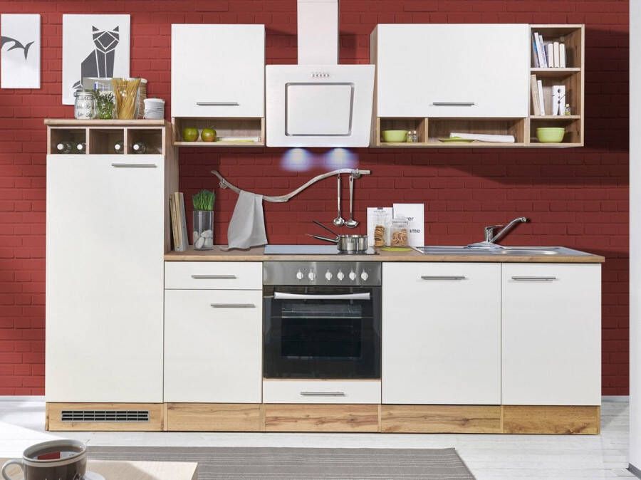 Respekta® Keukenblok 280 cm complete keuken met apparatuur Wit Houten keuken Hilde keramische kookplaat vaatwasser afzuigkap oven spoelbak