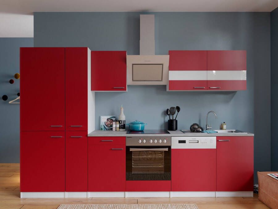 Respekta® Keukenblok 310 cm complete keuken met apparatuur soft close Rood Moderne keuken Malia keramische kookplaat vaatwasser afzuigkap oven spoelbak