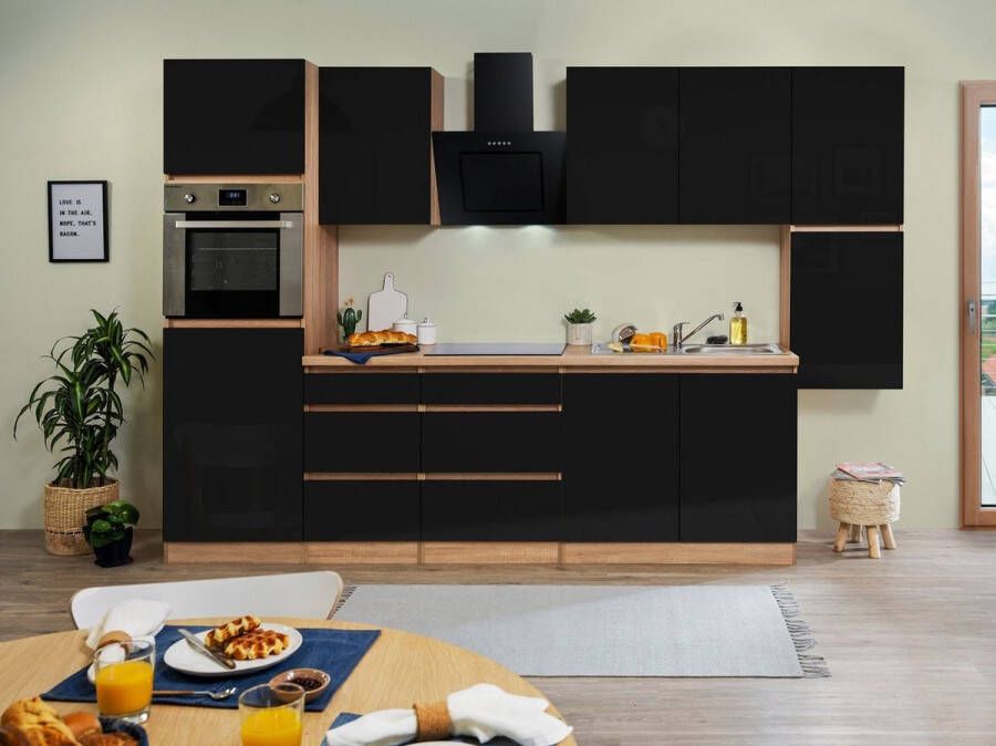 Respekta® Keukenblok 320 cm complete keuken met apparatuur soft close Zwart Greeploze keuken Lorena keramische kookplaat afzuigkap oven spoelbak