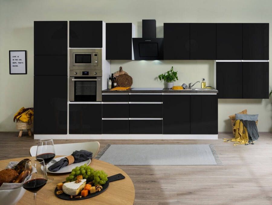 Respekta® Keukenblok 435 cm complete keuken met apparatuur soft close Zwart Greeploze keuken Lorena keramische kookplaat afzuigkap oven magnetron spoelbak