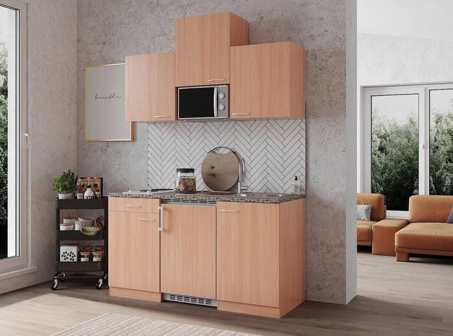 Respekta® Keukenblok 150 cm complete kleine keuken met apparatuur Beuken Houten keuken Gerda elektrische kookplaat koelkast magnetron mini keuken compacte keuken keukenblok met apparatuur