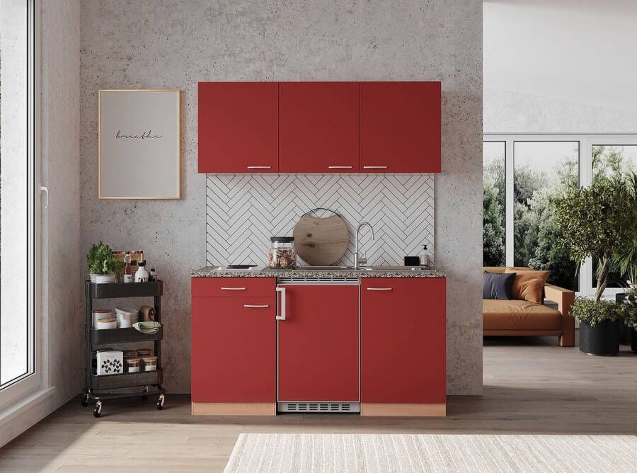 Respekta® Keukenblok 150 cm complete kleine keuken met apparatuur Rood Houten keuken Gerda elektrische kookplaat koelkast magnetron mini keuken compacte keuken keukenblok met apparatuur