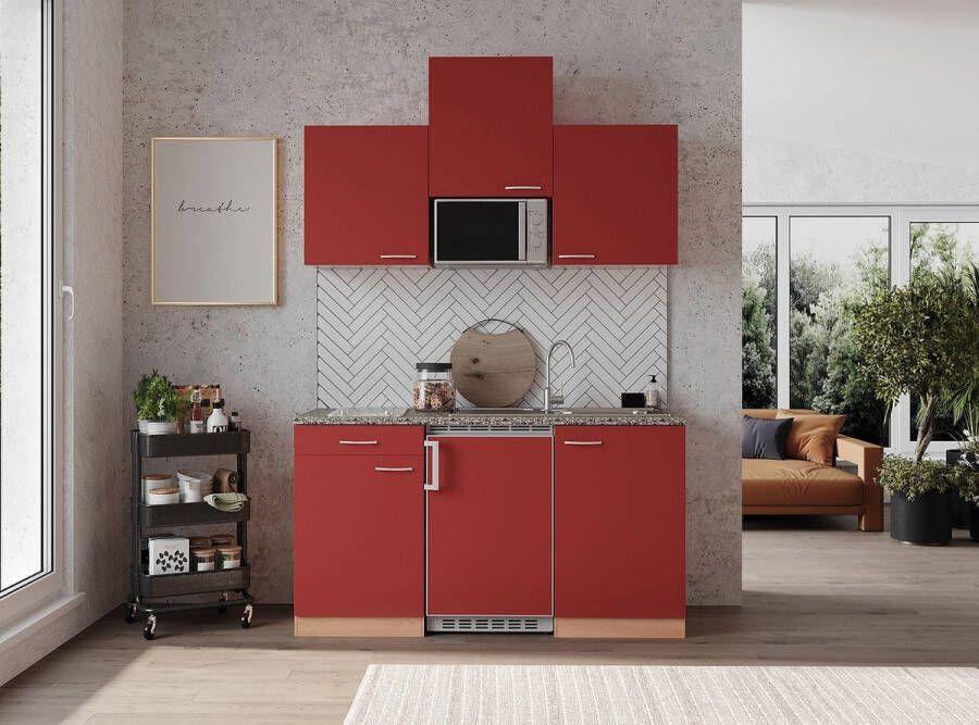 Respekta® Keukenblok 150 cm complete kleine keuken met apparatuur Rood Houten keuken Gerda keramische kookplaat koelkast mini keuken compacte keuken keukenblok met apparatuur