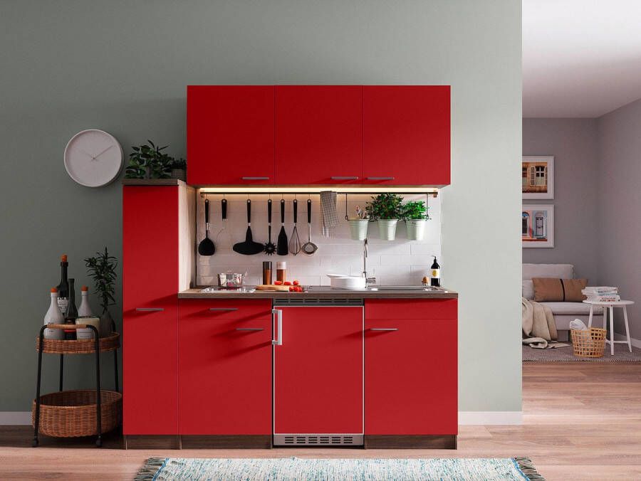 Respekta Goedkope keuken 180 cm complete kleine keuken met apparatuur Oliver Donker eiken Rood elektrische kookplaat koelkast mini keuken compacte keuken keukenblok met apparatuur