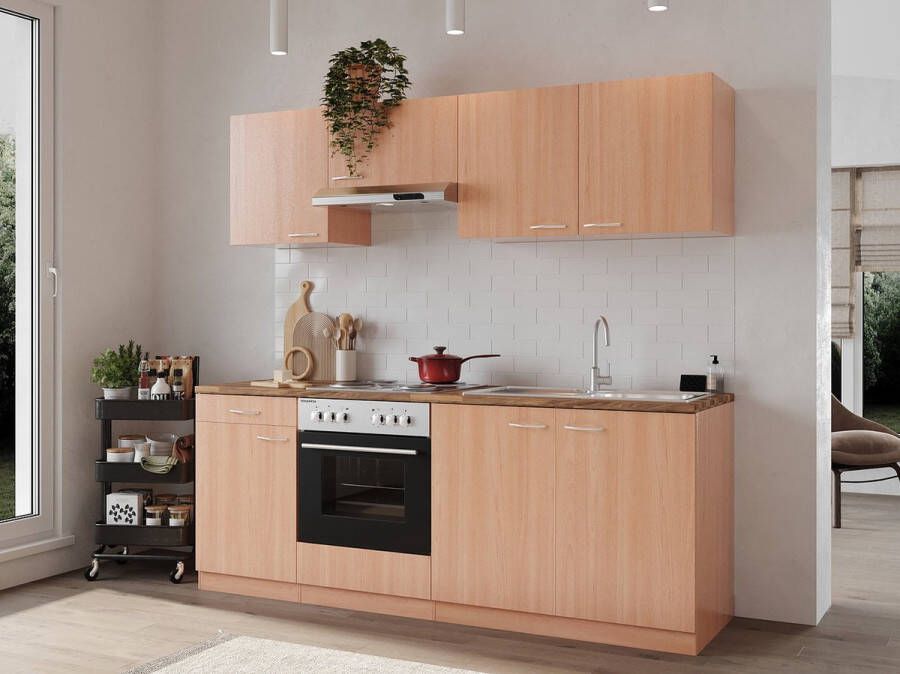 Respekta® Keukenblok 210 cm complete keuken met apparatuur Beuken Houten keuken Gerda elektrische kookplaat afzuigkap oven spoelbak