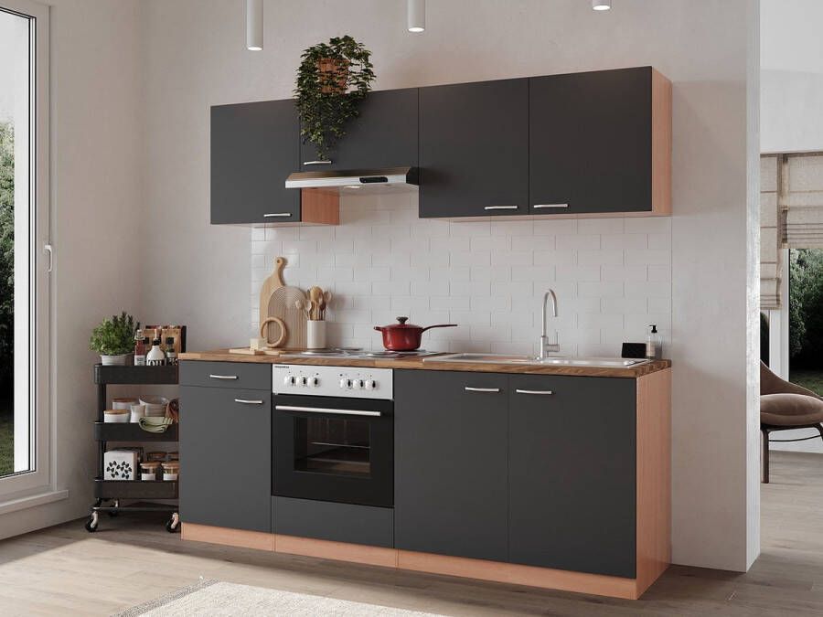 Respekta® Keukenblok 210 cm complete keuken met apparatuur Grijs Houten keuken Gerda elektrische kookplaat afzuigkap oven spoelbak