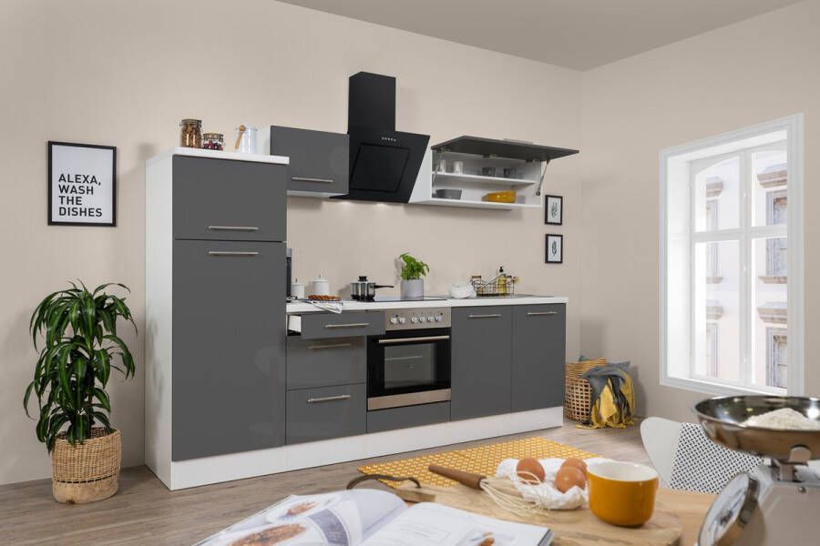 Respekta® Keukenblok 270 cm complete keuken met apparatuur soft close Grijs Hoogglans keuken Amanda keramische kookplaat afzuigkap spoelbak