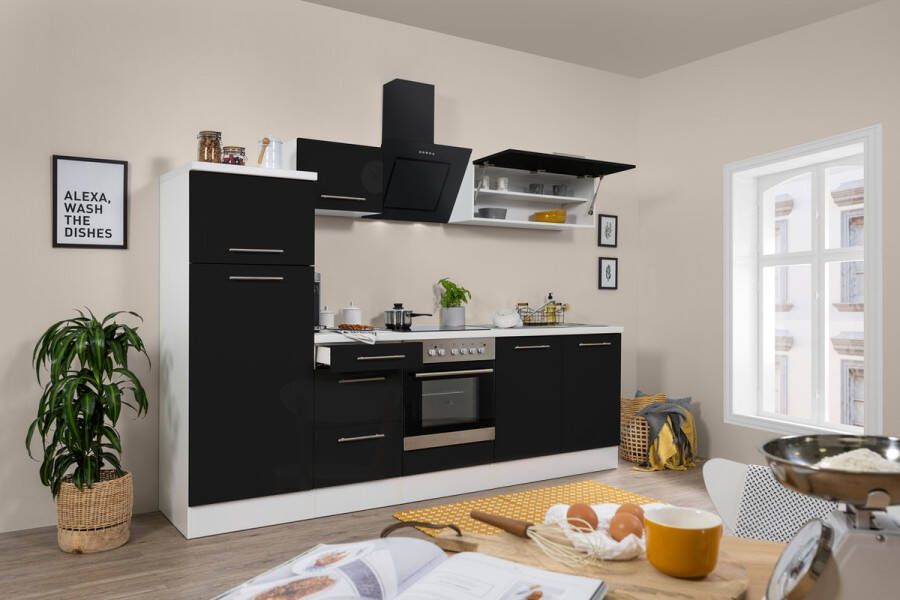 Respekta® Keukenblok 270 cm complete keuken met apparatuur soft close Zwart Hoogglans keuken Amanda keramische kookplaat afzuigkap spoelbak
