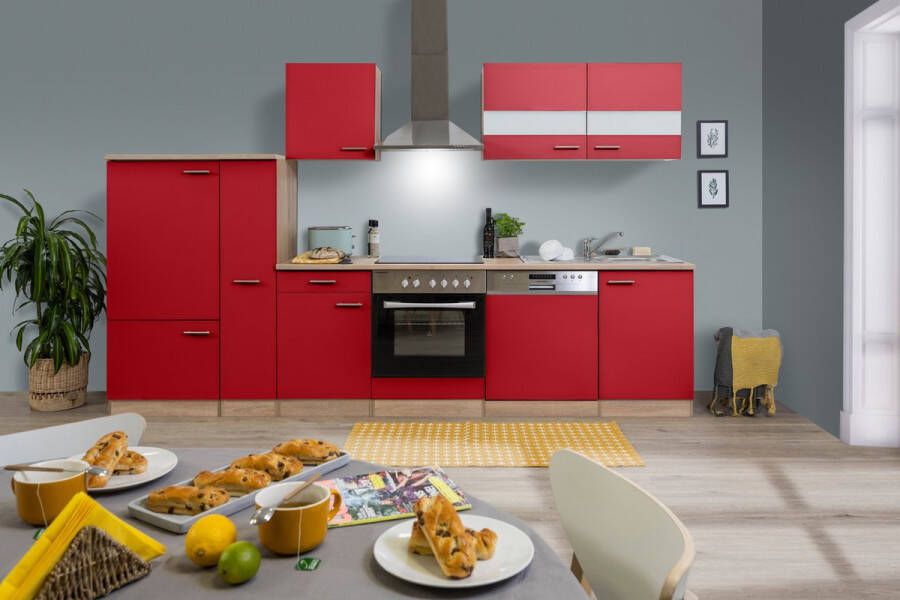 Respekta® Keukenblok 310 cm complete keuken met apparatuur soft close Rood Moderne keuken Merle keramische kookplaat vaatwasser afzuigkap oven spoelbak