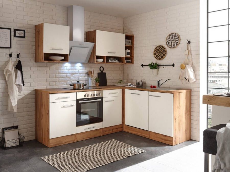 Respekta® Hoekkeuken 220 cm complete keuken met apparatuur Wit Houten keuken Hilde keramische kookplaat vaatwasser afzuigkap oven spoelbak