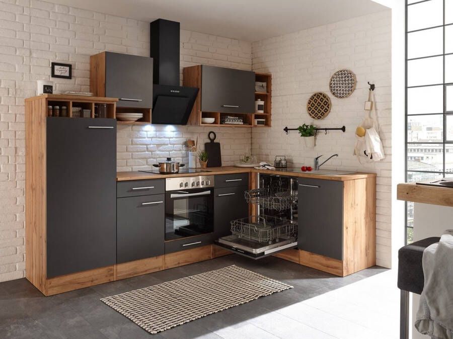 Respekta® Hoekkeuken 280 cm complete keuken met apparatuur Grijs Houten keuken Hilde keramische kookplaat vaatwasser afzuigkap oven spoelbak