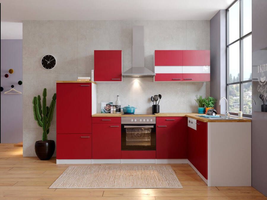 Respekta® Hoekkeuken 280 cm complete keuken met apparatuur soft close Rood Moderne keuken Malia keramische kookplaat vaatwasser afzuigkap oven spoelbak