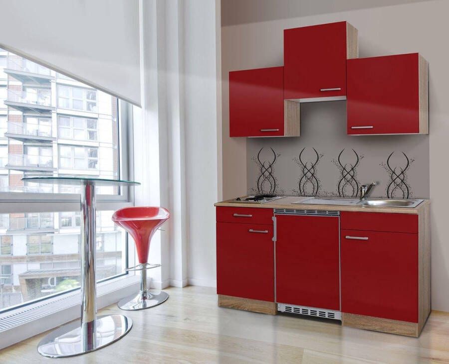 Respekta® Keukenblok 150 cm complete kleine keuken met apparatuur Rood Moderne keuken Luis elektrische kookplaat koelkast mini keuken compacte keuken keukenblok met apparatuur