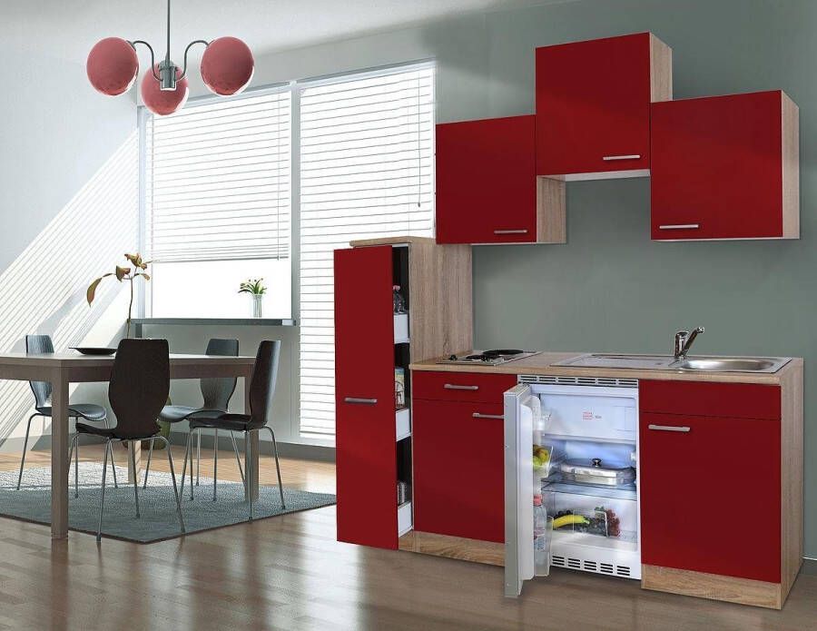 Respekta® Keukenblok 180 cm complete kleine keuken met apparatuur Rood Moderne keuken Luis elektrische kookplaat koelkast afzuigkap mini keuken compacte keuken keukenblok met apparatuur