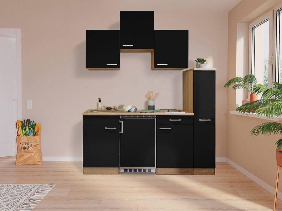 Respekta® Keukenblok 180 cm complete kleine keuken met apparatuur Zwart Moderne keuken Luis keramische kookplaat koelkast afzuigkap mini keuken compacte keuken keukenblok met apparatuur