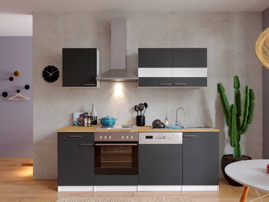 Respekta® Keukenblok 220 cm complete keuken met apparatuur soft close Grijs Moderne keuken Malia elektrische kookplaat vaatwasser afzuigkap oven spoelbak
