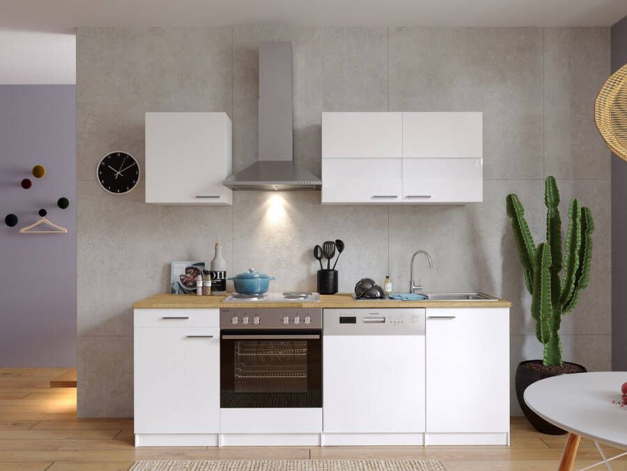 Respekta® Keukenblok 220 cm complete keuken met apparatuur soft close Wit Moderne keuken Malia elektrische kookplaat vaatwasser afzuigkap oven spoelbak